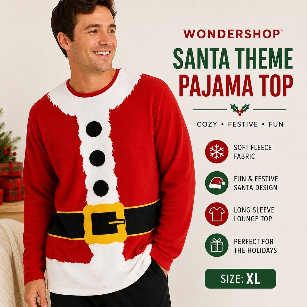 Wondershop Santa Claus Pajama Top Mens XL Red White Fleece Christmas Long Sleeve